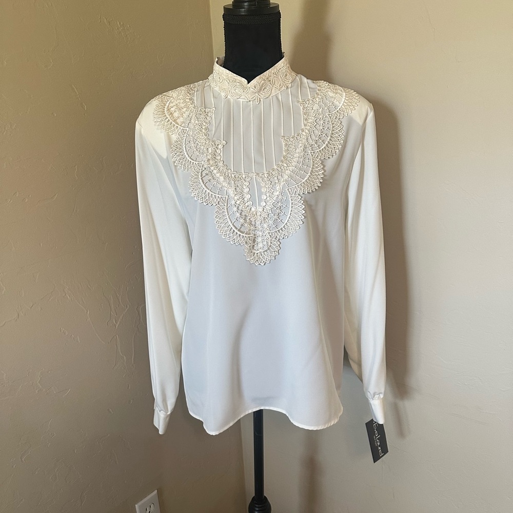 Vintage Eva Laurel Lace Bib Blouse with Shoulder Pads